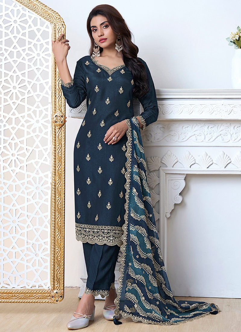 Navy Blue Dola Silk Cut Work Straight Pant Suit Festive Wear