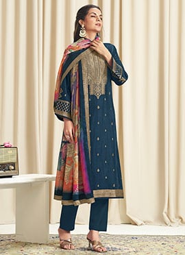 Navy Blue Dola Silk Jacquard Digital Print Straight Pant Suit