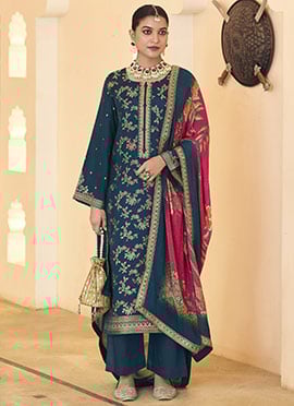 Navy Blue Dola Silk Jacquard Embroidered Sequins Straight Pant Suit