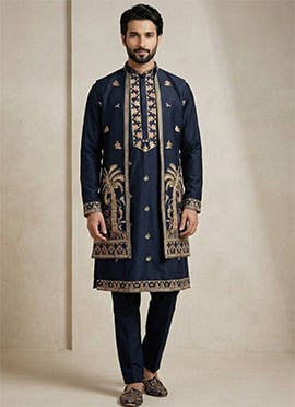 Navy Blue Donear Satin Thread Embroidered Bandi Set