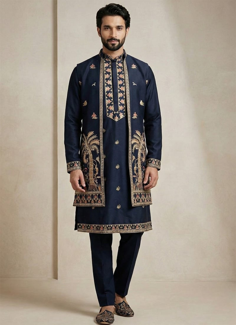 Navy Blue Donear Satin Thread Embroidered Bandi Set Wedding Wear