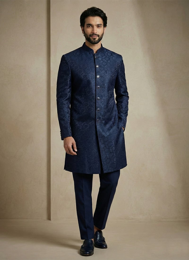 Navy Blue Dornier Jacquard Indowestern Sherwani Wedding Wear