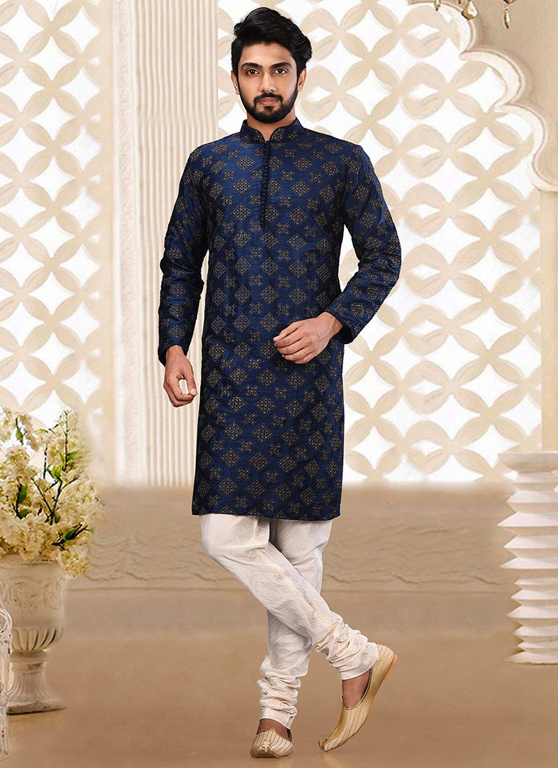 Navy Blue Dupion Art Silk Machine Embroidered Kurta Pyjama