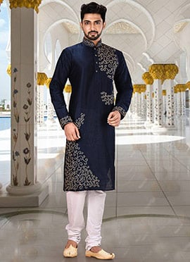 Navy Blue Dupion Art Silk Machine Embroidered Kurta Pyjama
