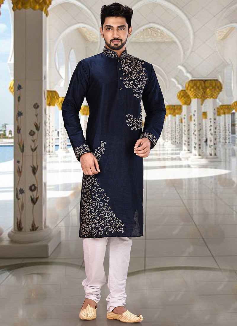 Navy Blue Dupion Art Silk Machine Embroidered Kurta Pyjama Party Wear