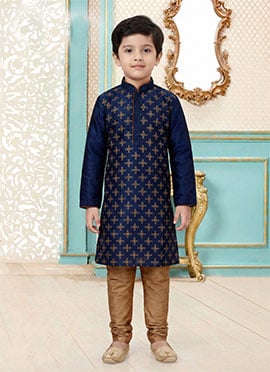 Navy Blue Dupion Silk Embroidered Kids Boys Kurta Pyjama