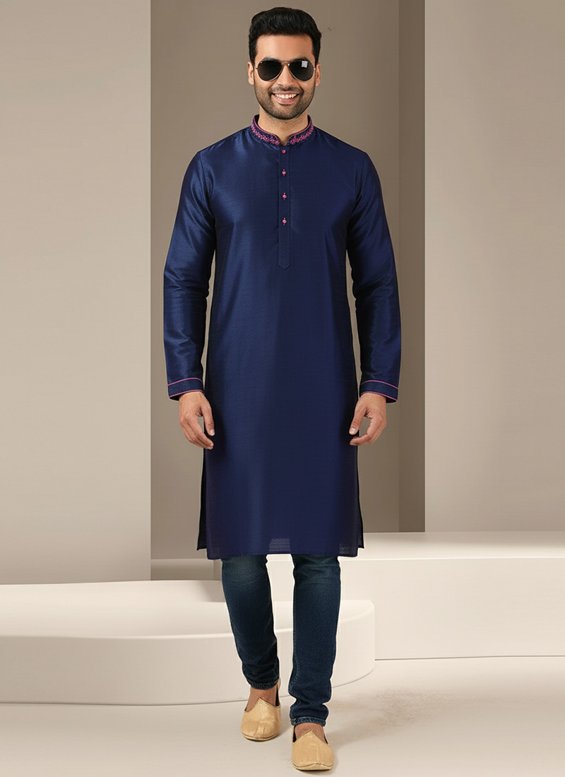 Navy Blue Dupion Silk Embroidered Kurta For Men