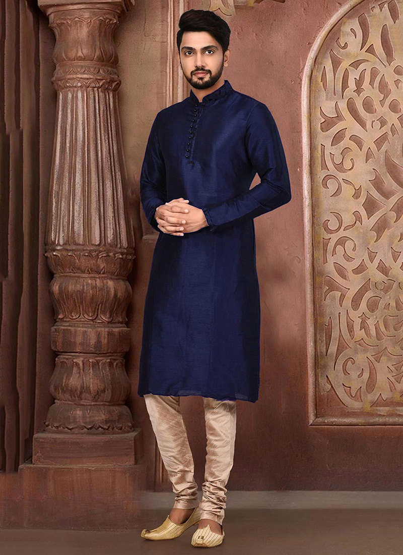 Navy Blue Dupion Silk Embroidered Kurta Pyjama  Party Wear