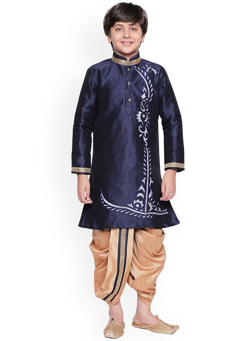 Navy Blue Dupion Silk Embroidered Kurta Pyjama Party Wear