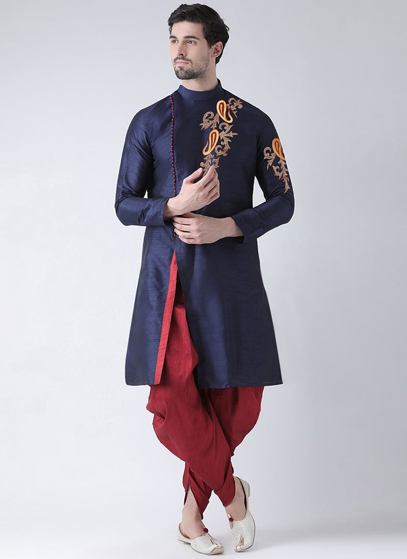 Navy Blue Dupion Silk Embroidered Kurta Pyjama