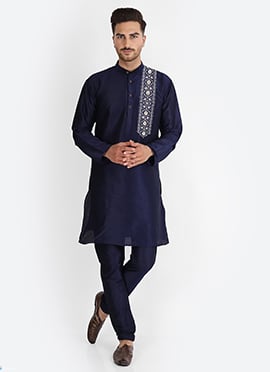 Navy Blue Dupion Silk Embroidered Kurta Pyjama
