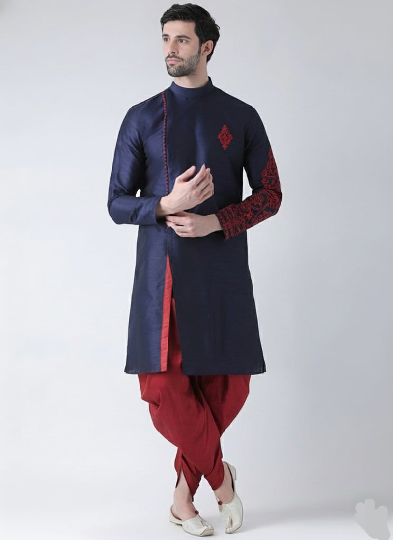 Navy Blue Dupion Silk Embroidered Kurta Pyjama Festive Wear