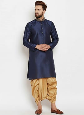 Navy Blue Dupion Silk Embroidered Kurta Pyjama