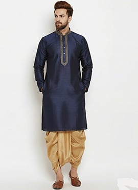 Navy Blue Dupion Silk Embroidered Kurta Pyjama