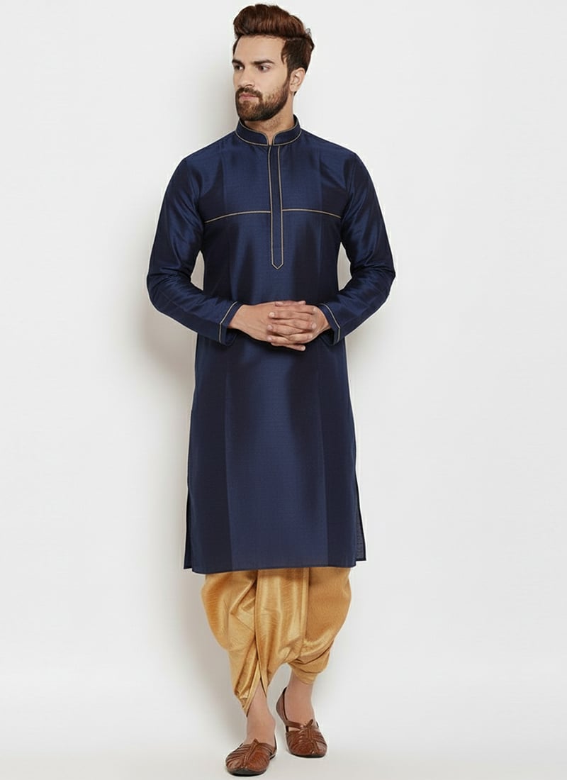 Navy Blue Dupion Silk Embroidered Kurta Pyjama Festive Wear