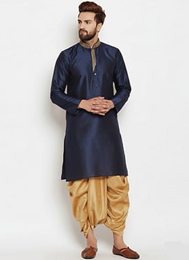 Navy Blue Dupion Silk Embroidered Kurta Pyjama