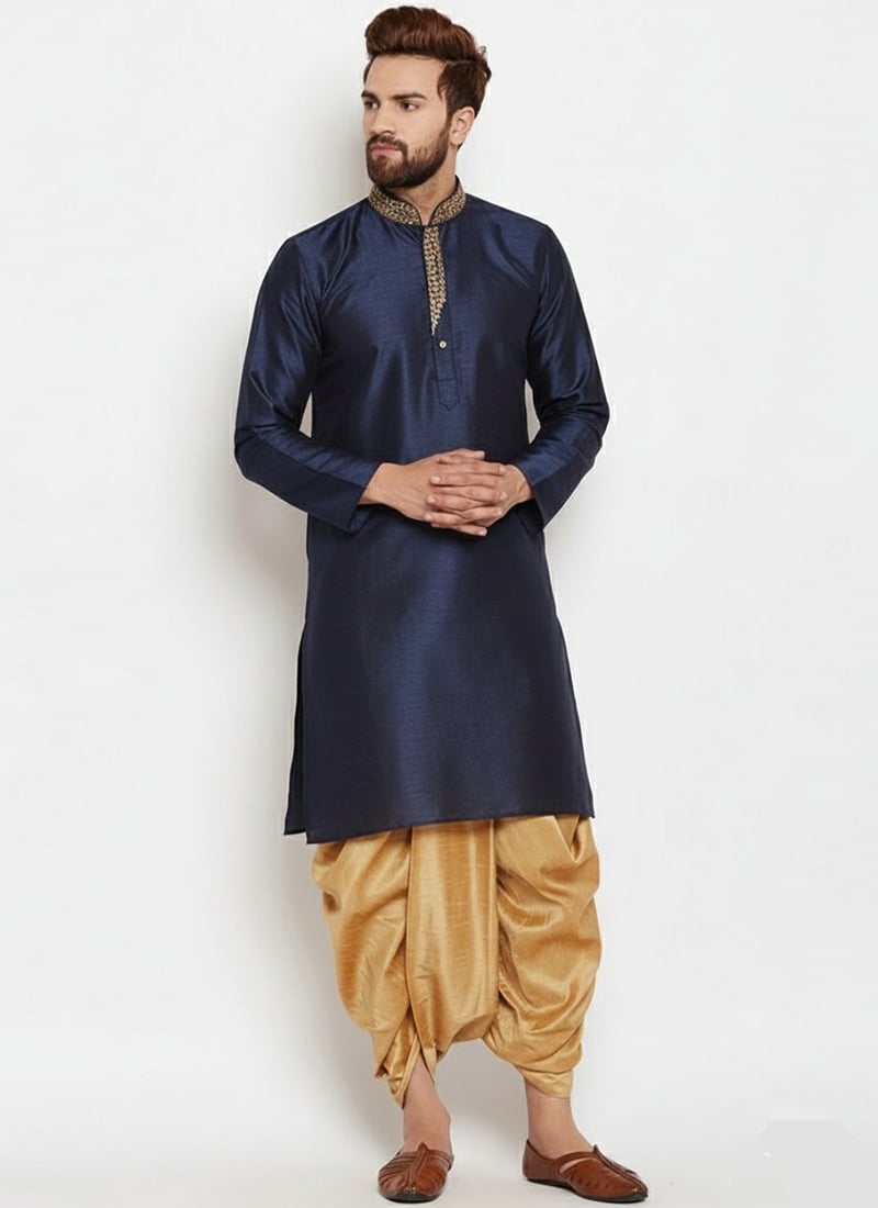 Navy Blue Dupion Silk Embroidered Kurta Pyjama Festive Wear