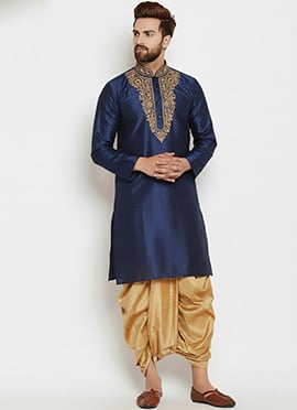Navy Blue Dupion Silk Embroidered Kurta Pyjama