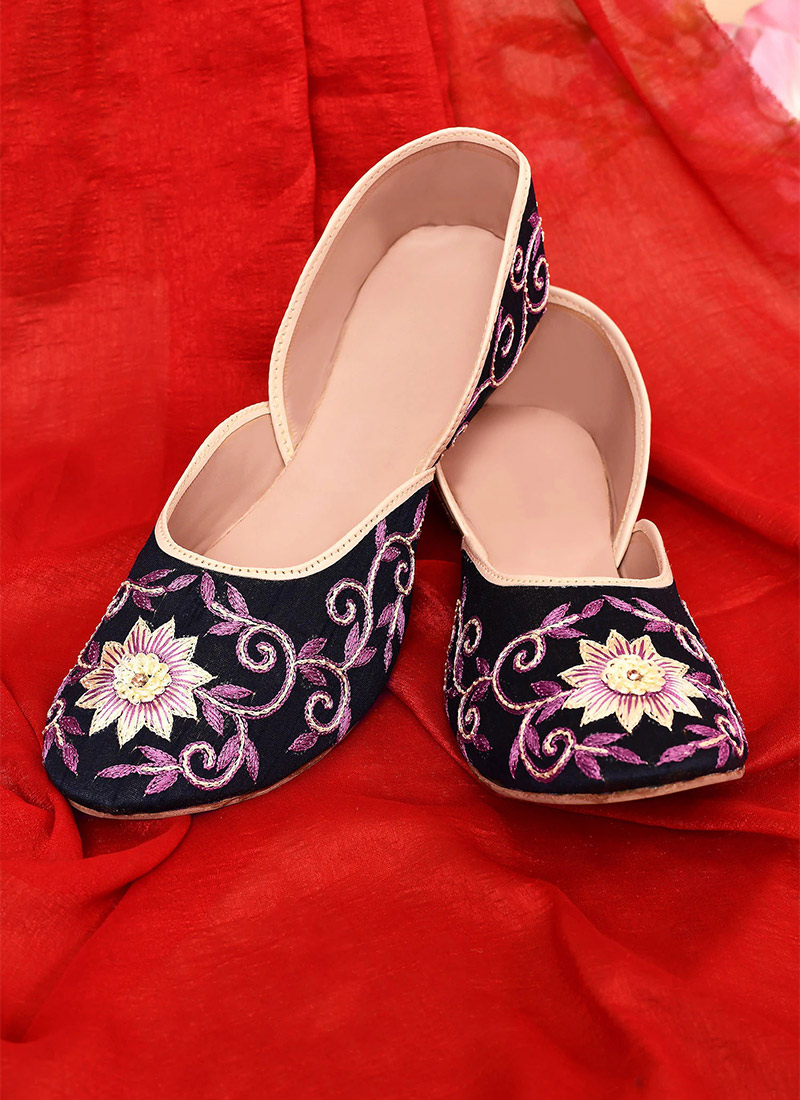 Navy Blue Dupion Silk Embroidered Sequins Juti For Women