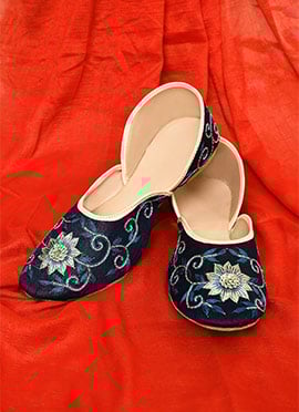 Navy Blue Dupion Silk Embroidered Sequins Juti For Women