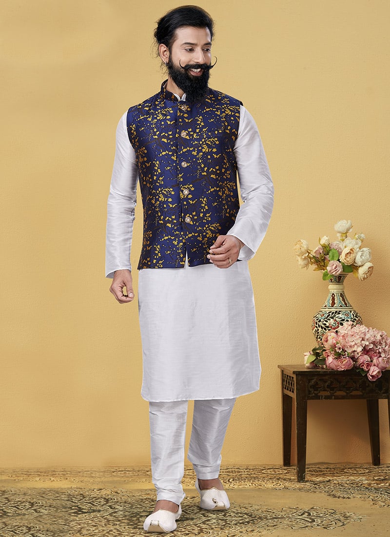 Navy Blue Dupion Silk Jacquard Bandi Set