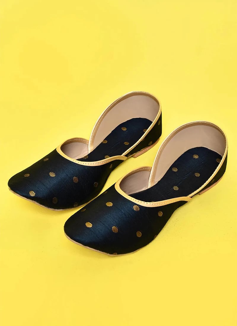 Navy Blue Dupion Silk Jacquard Juti For Women 