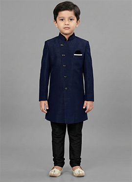 Navy Blue Dupion Silk Kids Boys Classy Indowestern Sherwani