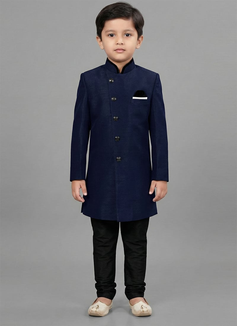 Navy Blue Dupion Silk Kids Boys Classy Indowestern Sherwani Festive Wear