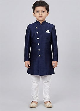 Navy Blue Dupion Silk Kids Boys Indowestern Sherwani