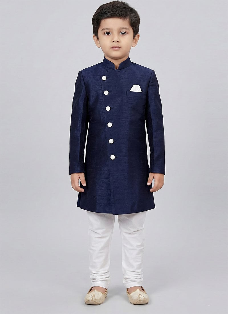 Navy Blue Dupion Silk Kids Boys Indowestern Sherwani Festive Wear