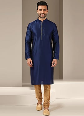 Navy Blue Dupion Silk Kurta Pyjama For Men