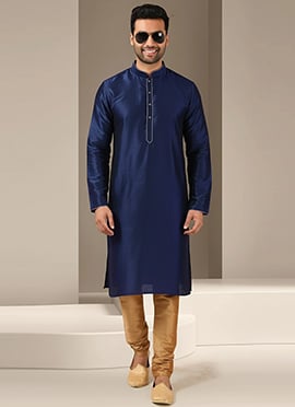 Navy Blue Dupion Silk Kurta Pyjama For Men