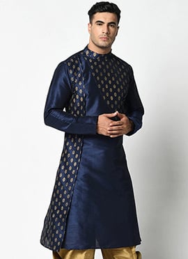 Navy Blue Dupion Silk Printed Kurta