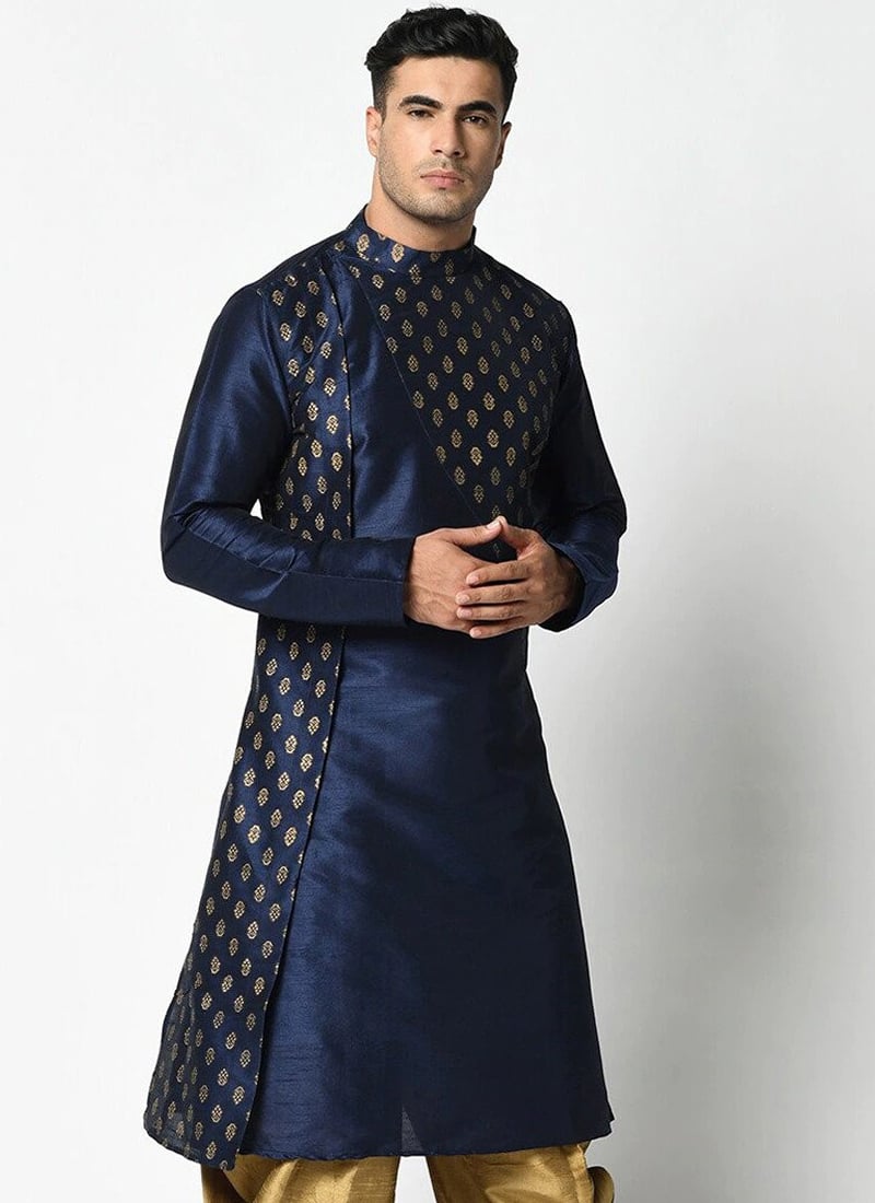 Navy Blue Dupion Silk Printed Kurta