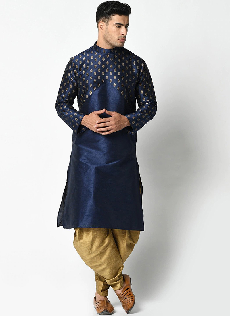 Navy Blue Dupion Silk Printed Kurta Pyjama  Party Wear