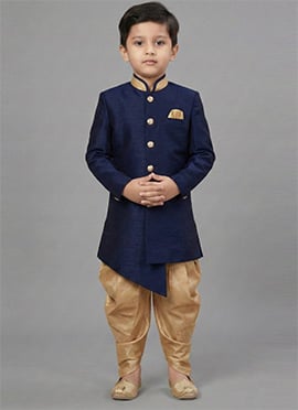 Navy Blue Dupion Silk Stylish Kids Boys Indowestern Sherwani