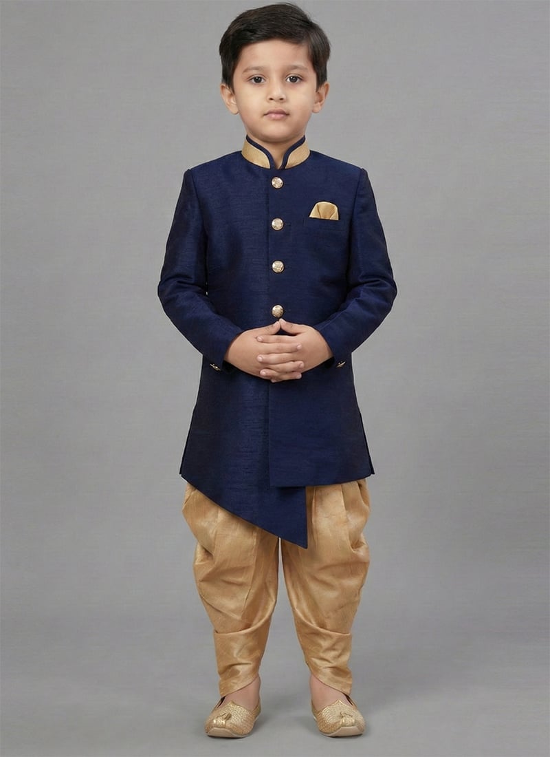 Navy Blue Dupion Silk Stylish Kids Boys Indowestern Sherwani Festive Wear