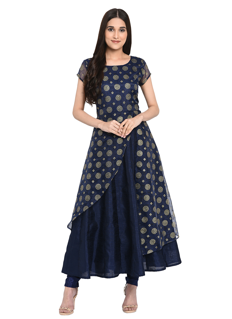 Buy Navy Blue Embroidered Anarkali Kurti, Bhagalpuri , Embroidered