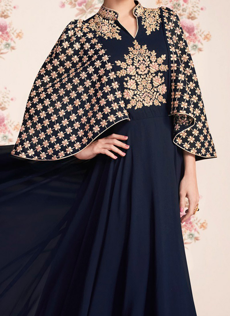 Buy Navy Blue Embroidered Kurta Churidar Set, Embroidered, kurta churidar set Online Shopping