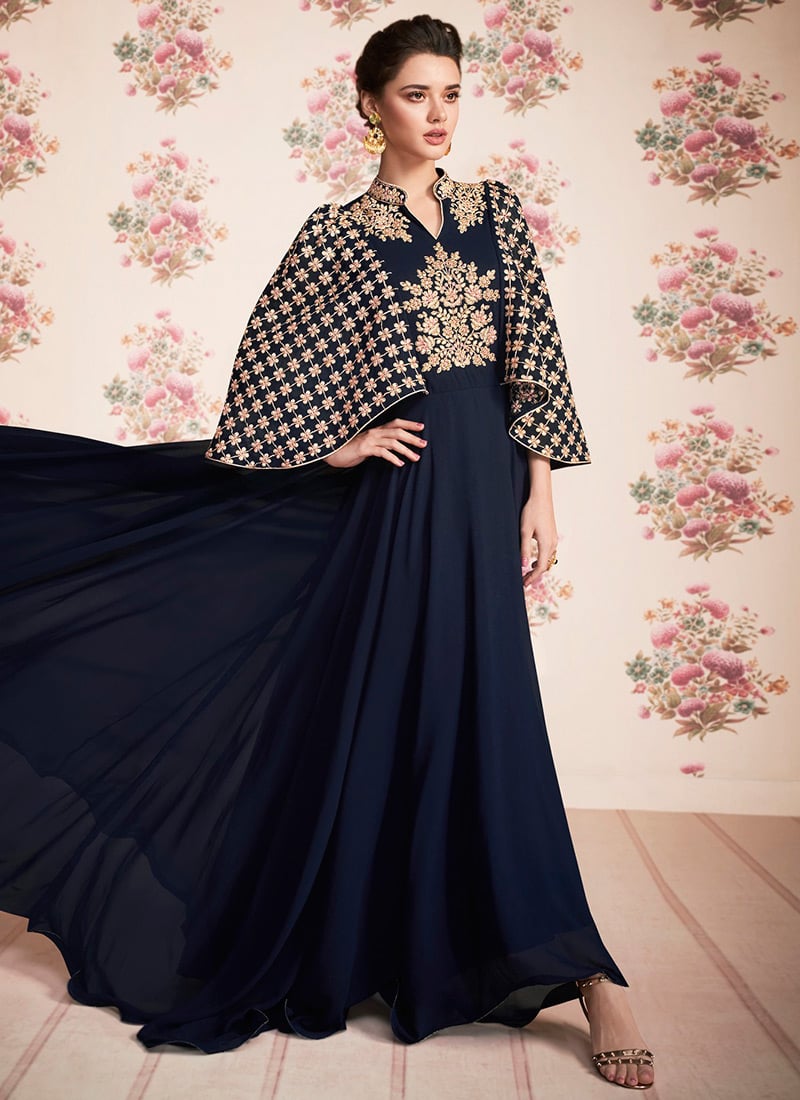 Buy Navy Blue Embroidered Kurta Churidar Set, Embroidered, kurta churidar set Online Shopping