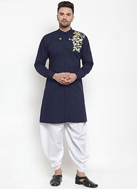 Navy Blue Embroidered Cotton Blend Indowestern kurta