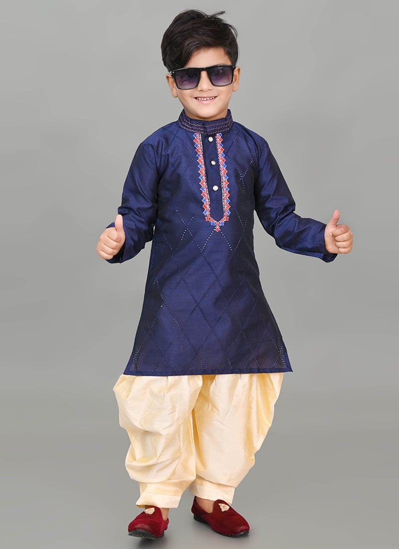 Navy Blue Embroidered Dupion Silk Boys Kids Dhoti Style Kurta Pyjama Party Wear