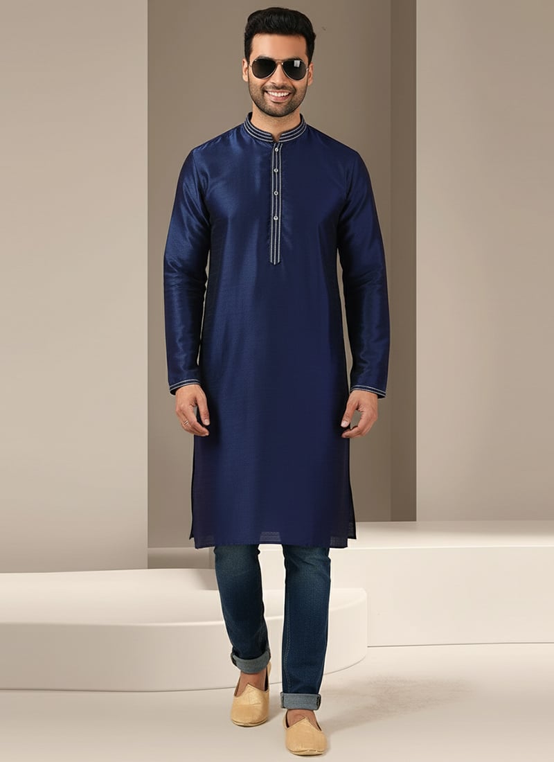 Navy Blue Embroidered Dupion Silk Kurta For Men
