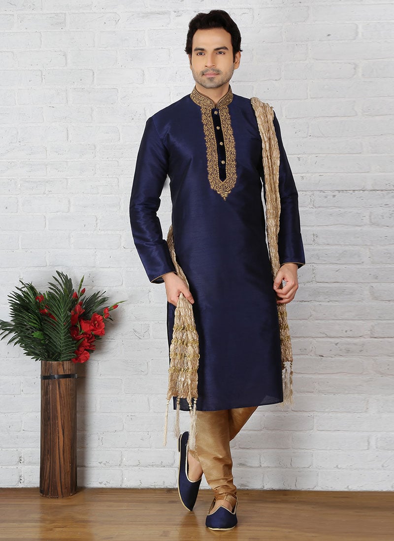 Navy Blue Embroidered Kurta Pyjama Party Wear