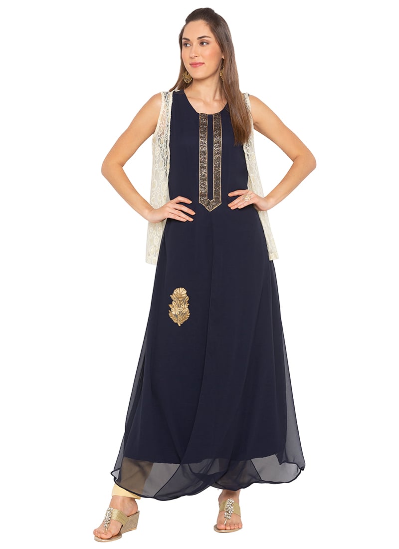 Navy Blue Embroidered Kurti After Six Wear