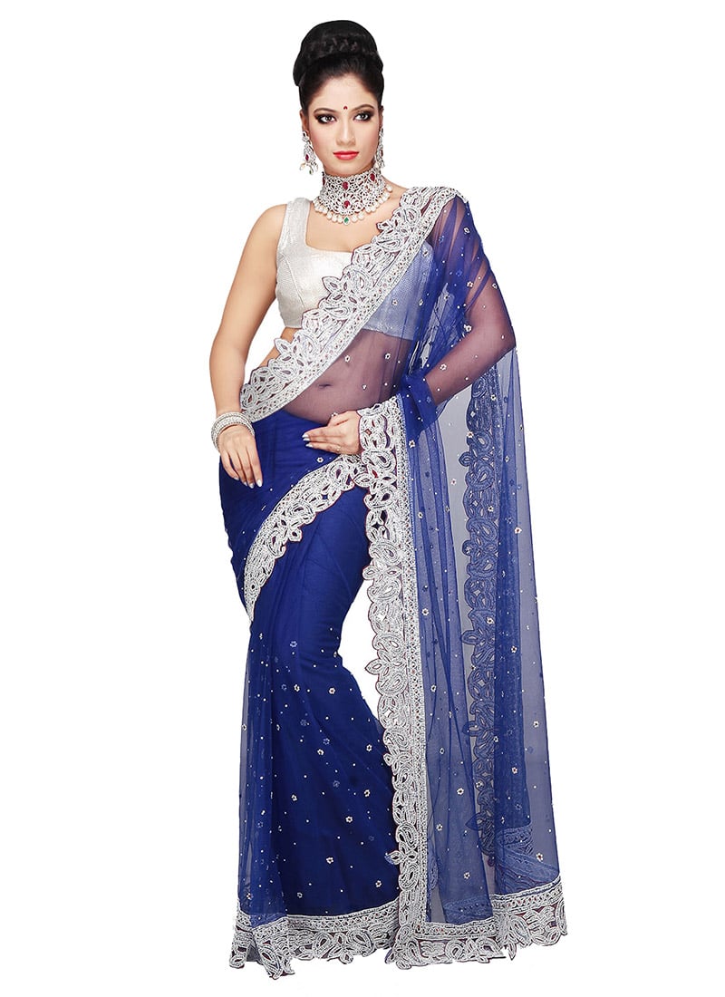Navy Blue Embroidered Net Embellished Saree Party Wear