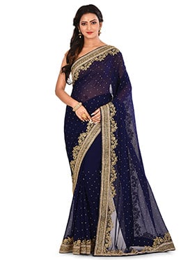 Navy Blue Embroidered Saree