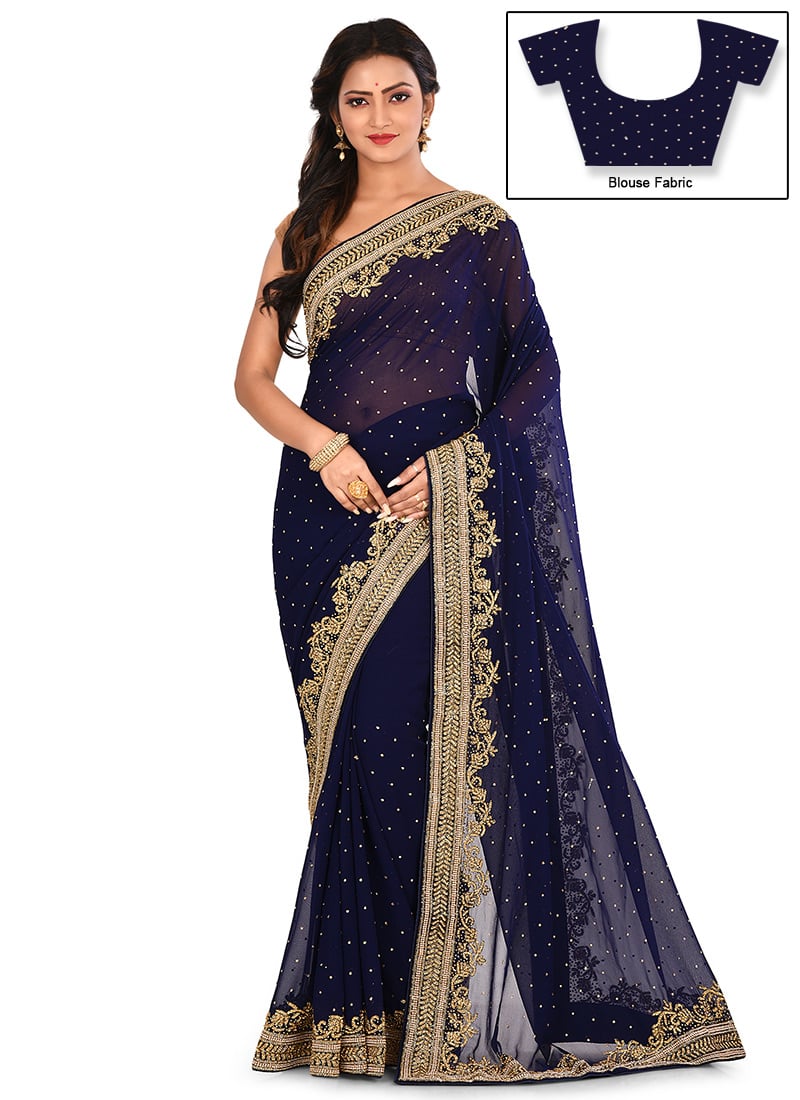Navy Blue Embroidered Saree Party Wear