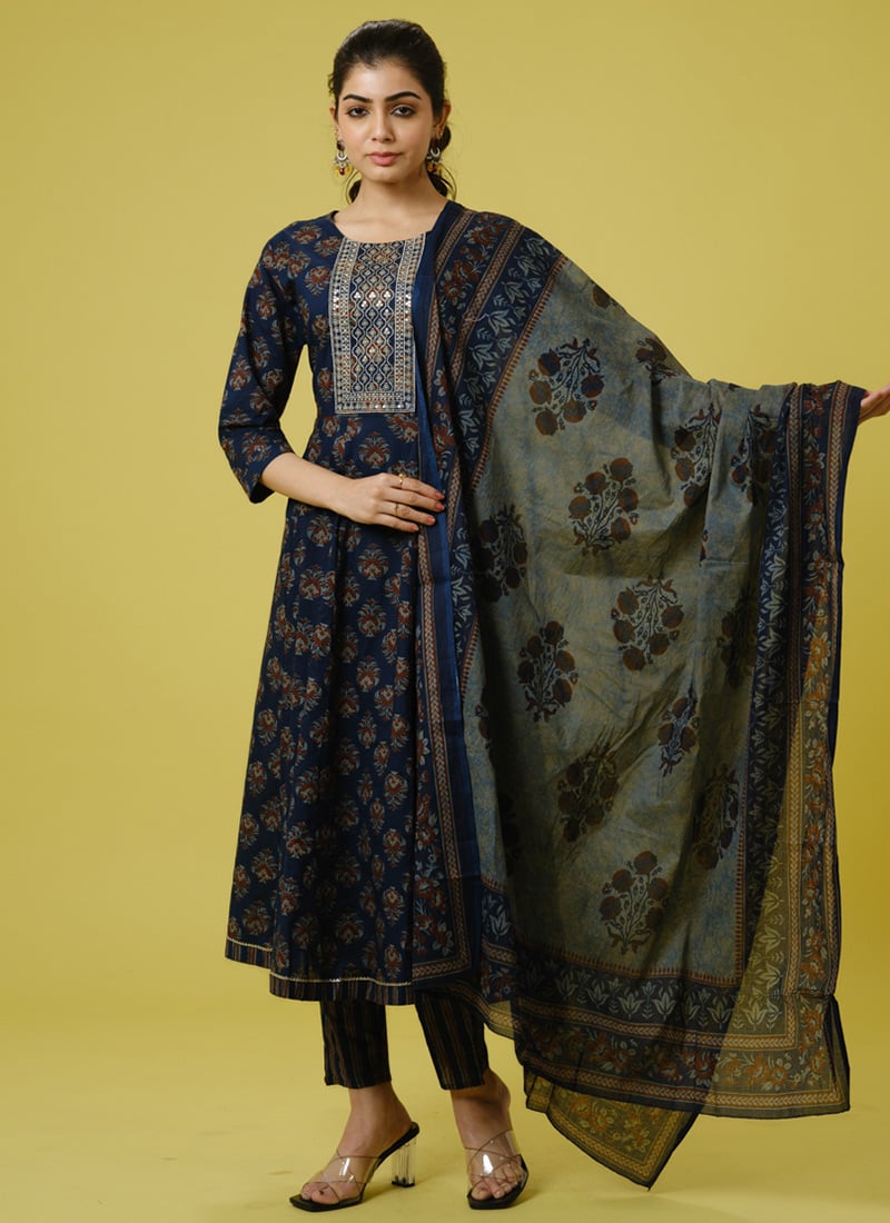 Navy Blue Embroidered Traditional Printed Motifs Cotton Straight Pant Suit Festive Wear