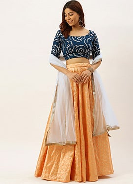 Navy Blue Embroidred N Peach Brocade Lehenga